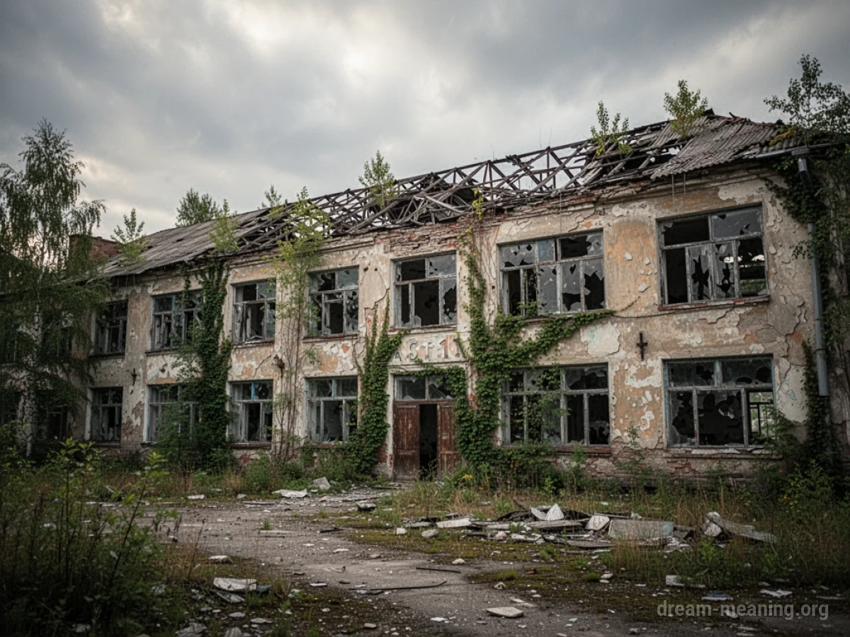 An old, decaying school building with vines growing on its walls and broken windows.