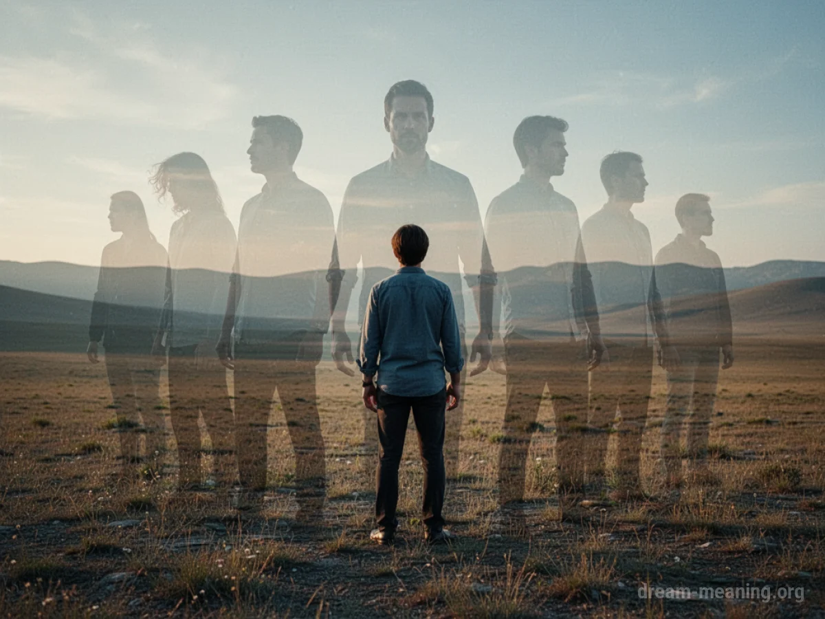 A person stands in a wide open space with faint outlines of themselves around them.