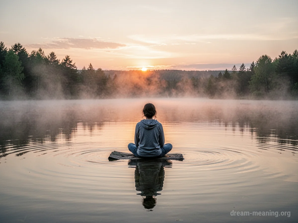 A silhouette of a person meditating on a calm lake surface as the sun rises.