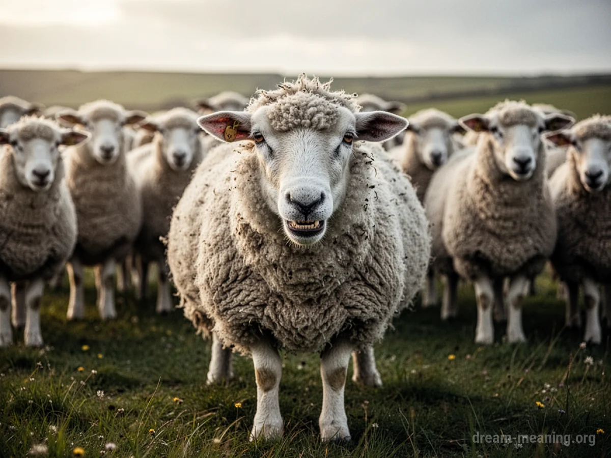 A single sheep with a stern expression facing a viewer.