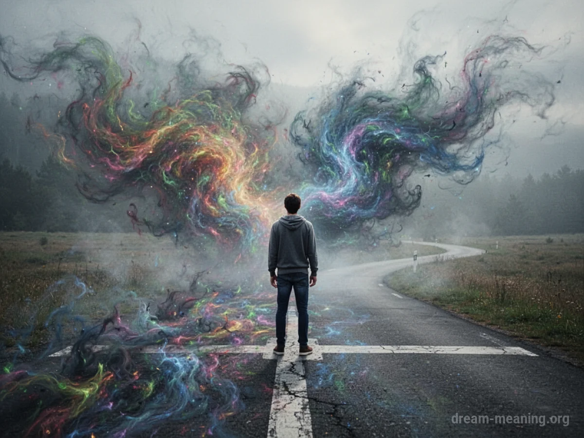 A person at a crossroads with one path turning into colorful mist.