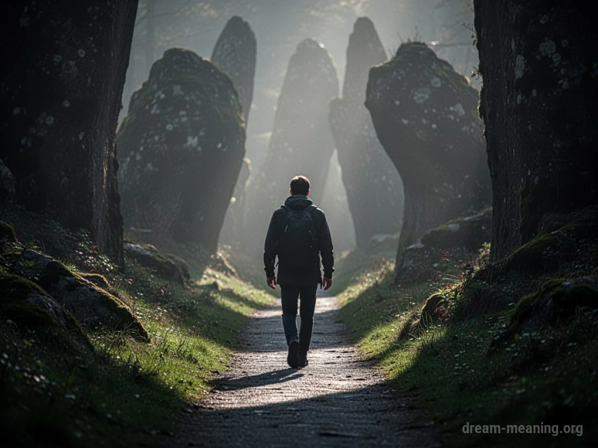 A person on a dark, narrow path with blurry, imposing shapes around them.