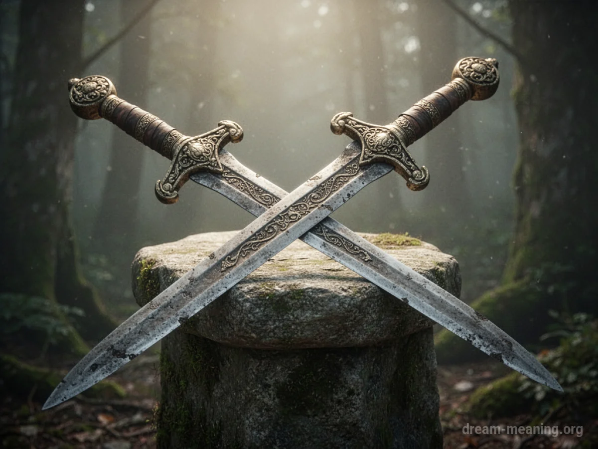 An old, decorative sword lying on a stone surface.