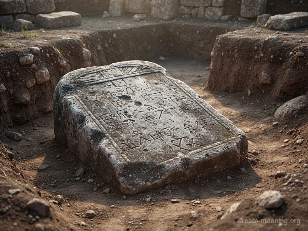 A stone tablet with carvings in an archaeological site.