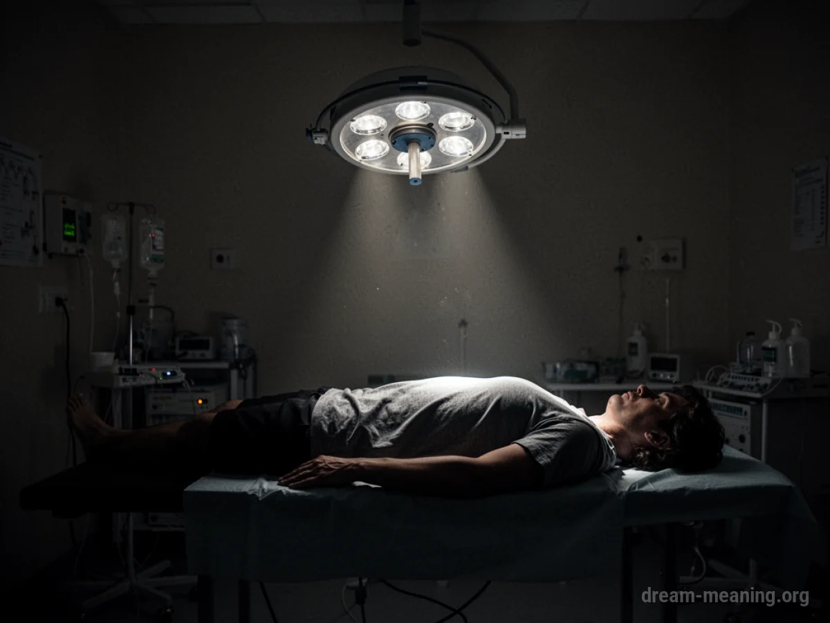 A person lying on a surgical table under a bright light, with shadows around them.