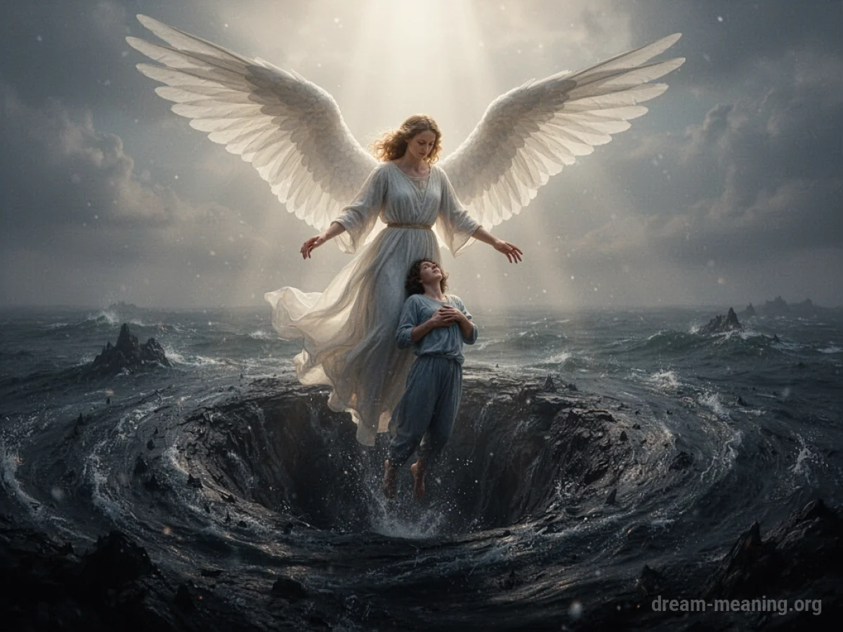 A winged figure reaching down to help a person.