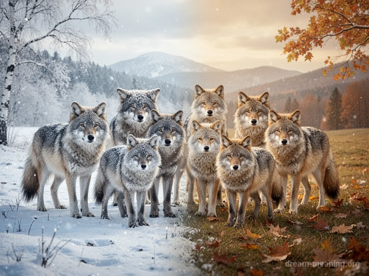 Animals with mixed seasonal fur standing in a landscape transitioning between seasons.