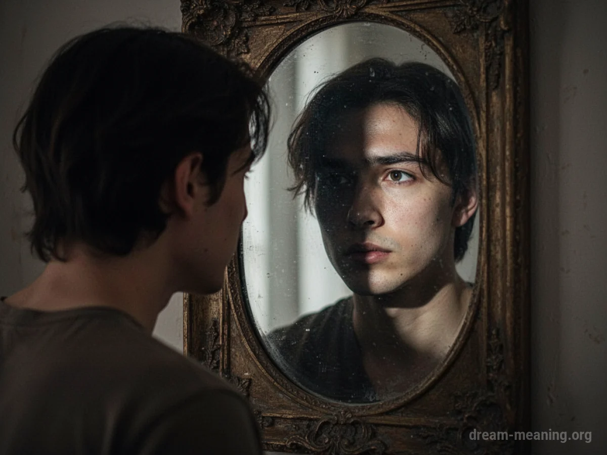 A person's reflection in a mirror showing a slightly altered face.