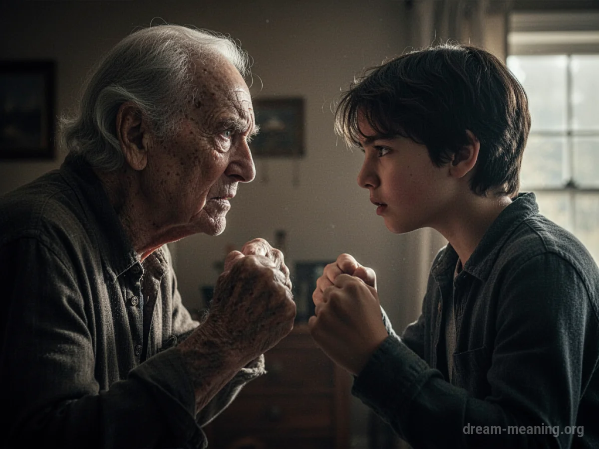 A younger person and an older person facing each other with strained expressions.