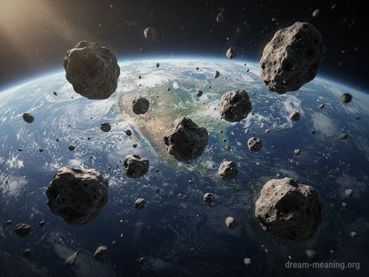 Several asteroids moving towards planet Earth in space.