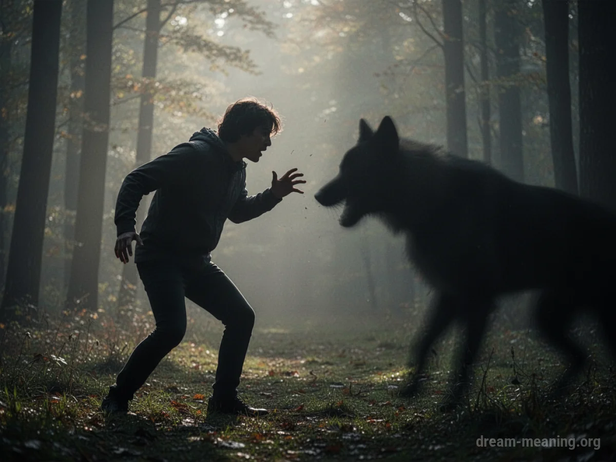 Silhouette of a person turning away from a dark, animal-like shape.