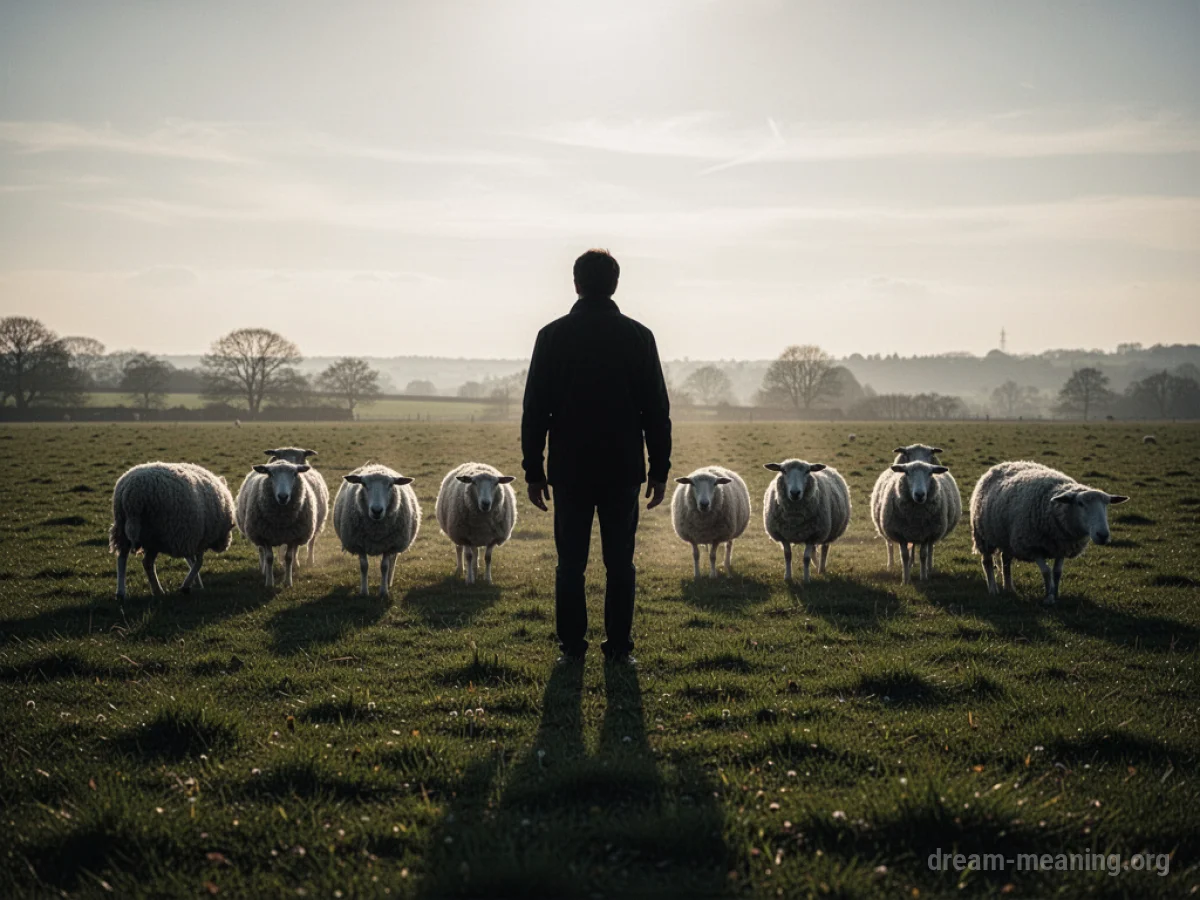 Silhouette of a person facing approaching sheep in a field.