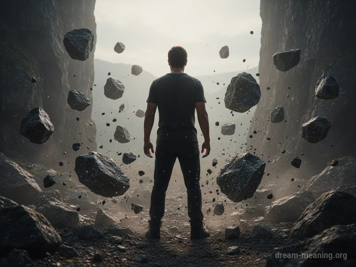 Silhouette of a person being pelted by falling stones.