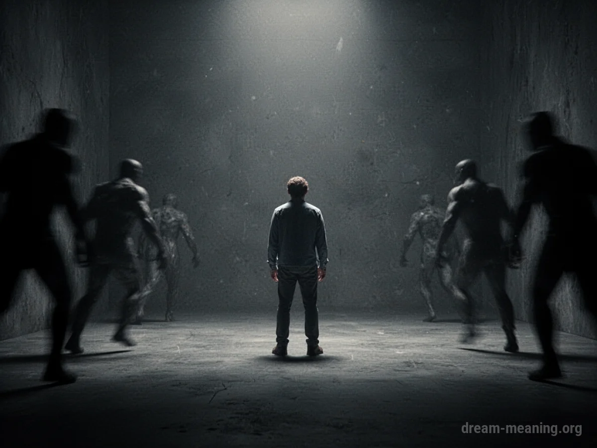 A lone silhouette facing approaching shadows in a dark, abstract environment.