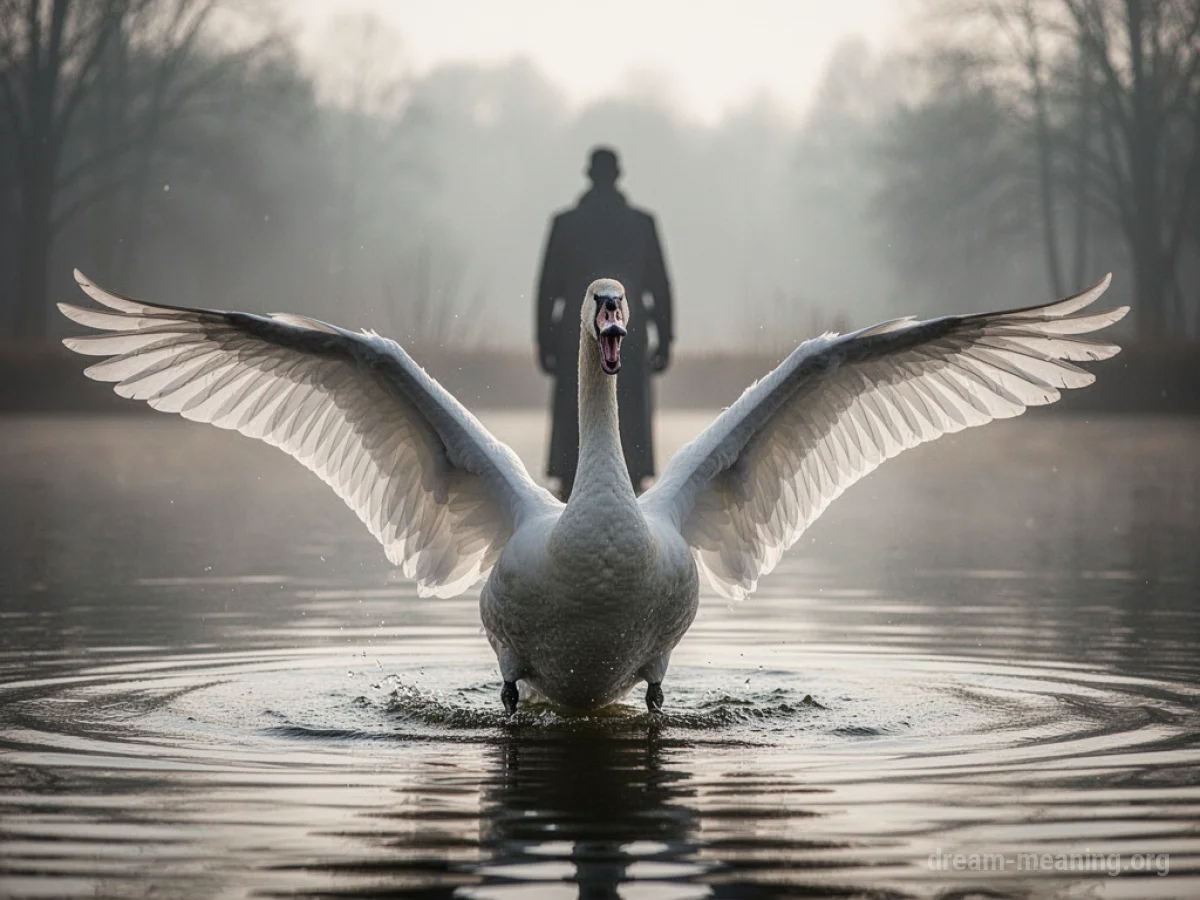 Silhouette of a person facing a swan with outstretched wings.