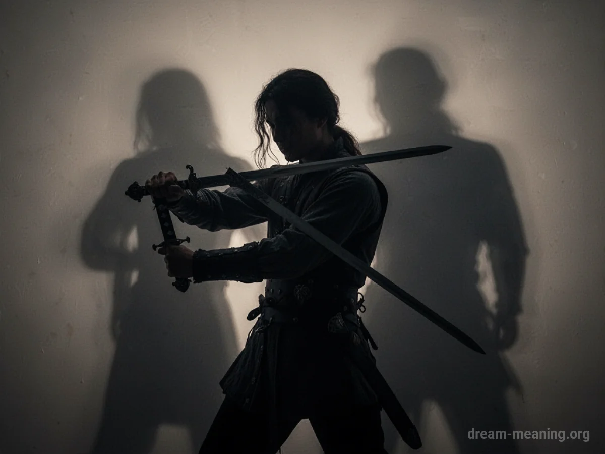 Silhouette of a person holding a sword in a defensive stance.