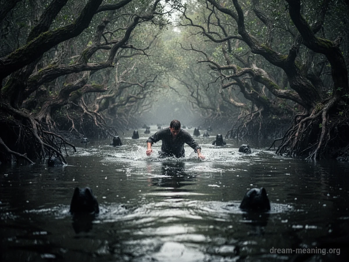 A person wading through dark swamp water surrounded by trees.