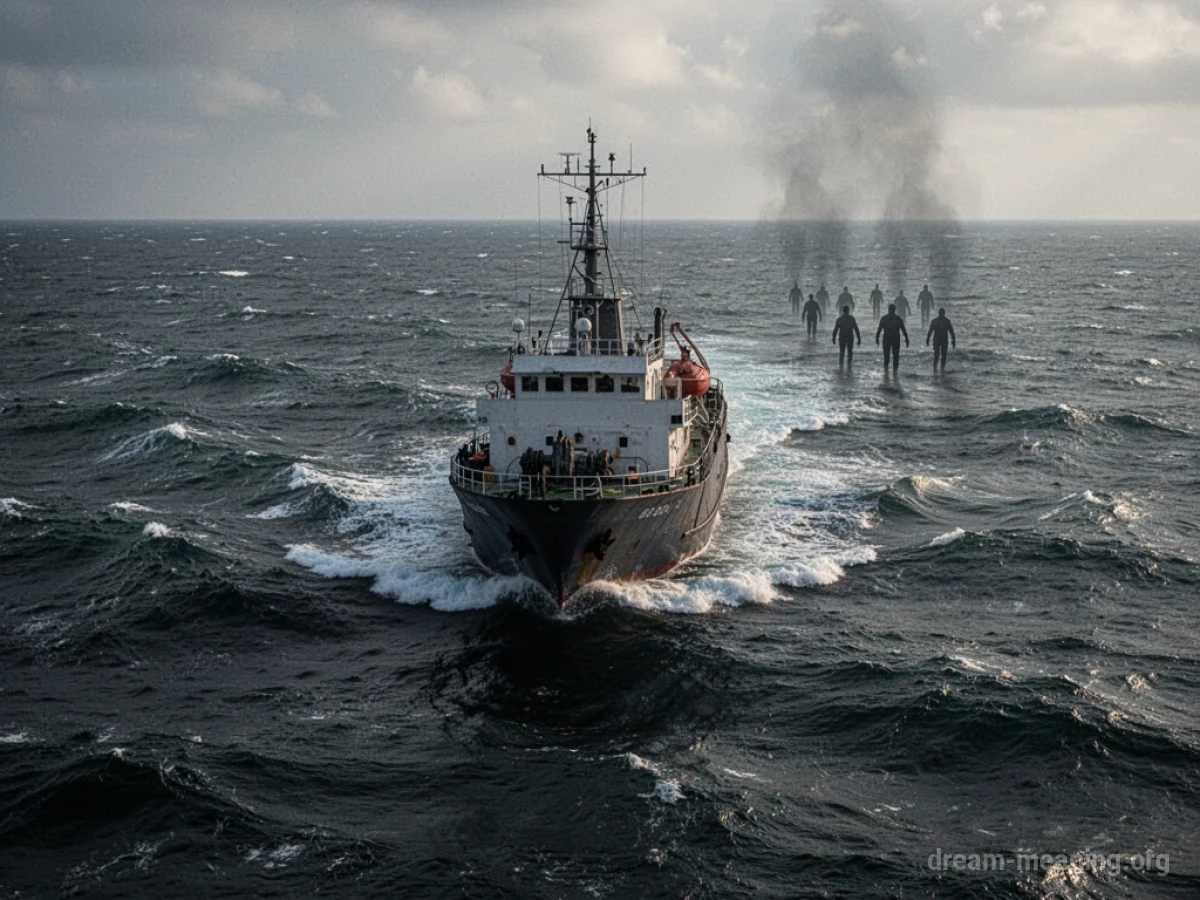 A ship sailing on dark, turbulent water with distant silhouettes on the horizon.