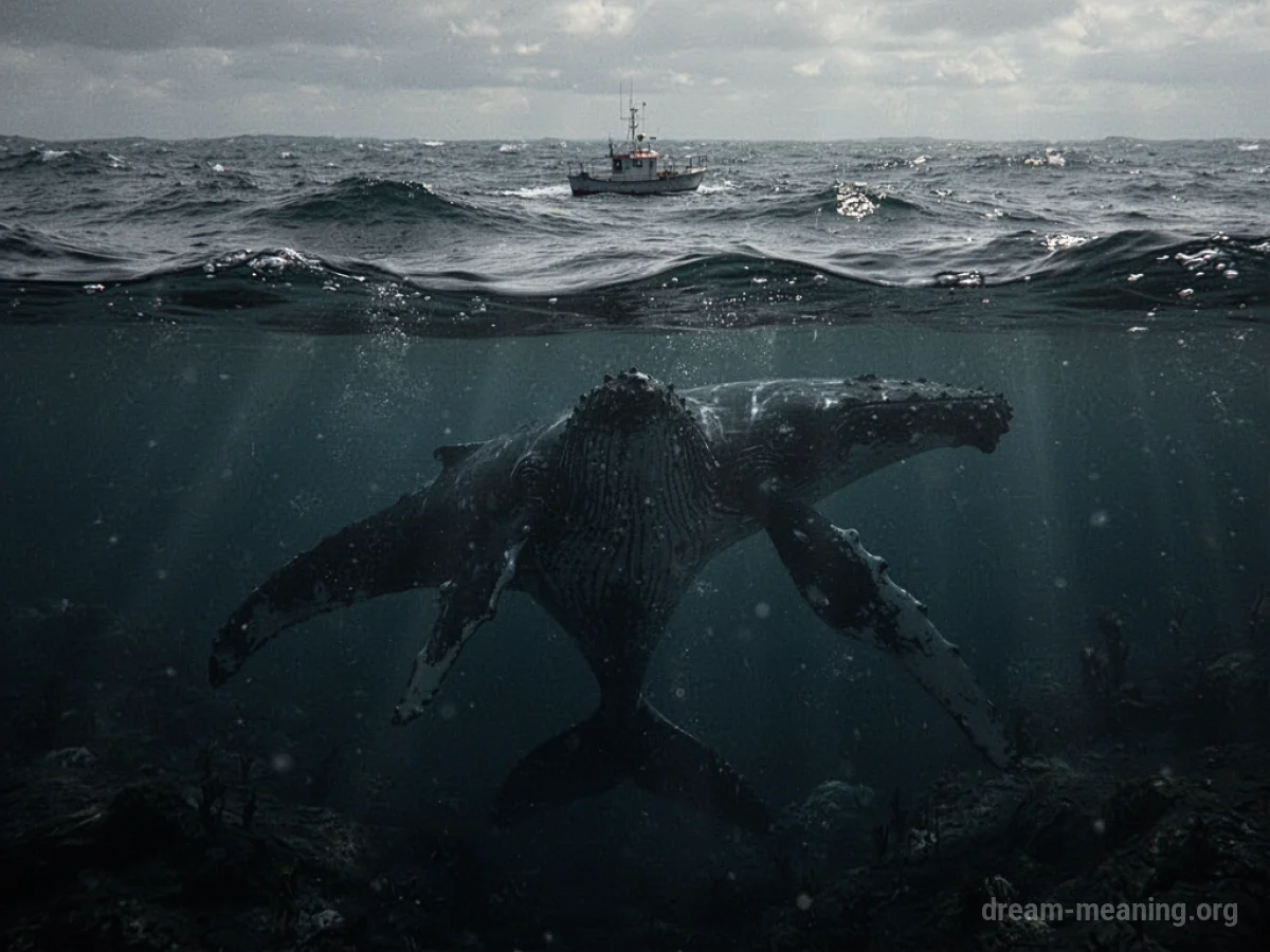 A dark shape of a sea creature under the water surface near a small boat.