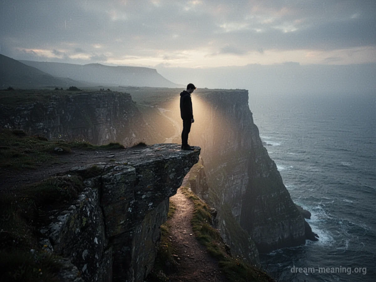 Silhouette of a person standing at the edge of a cliff.