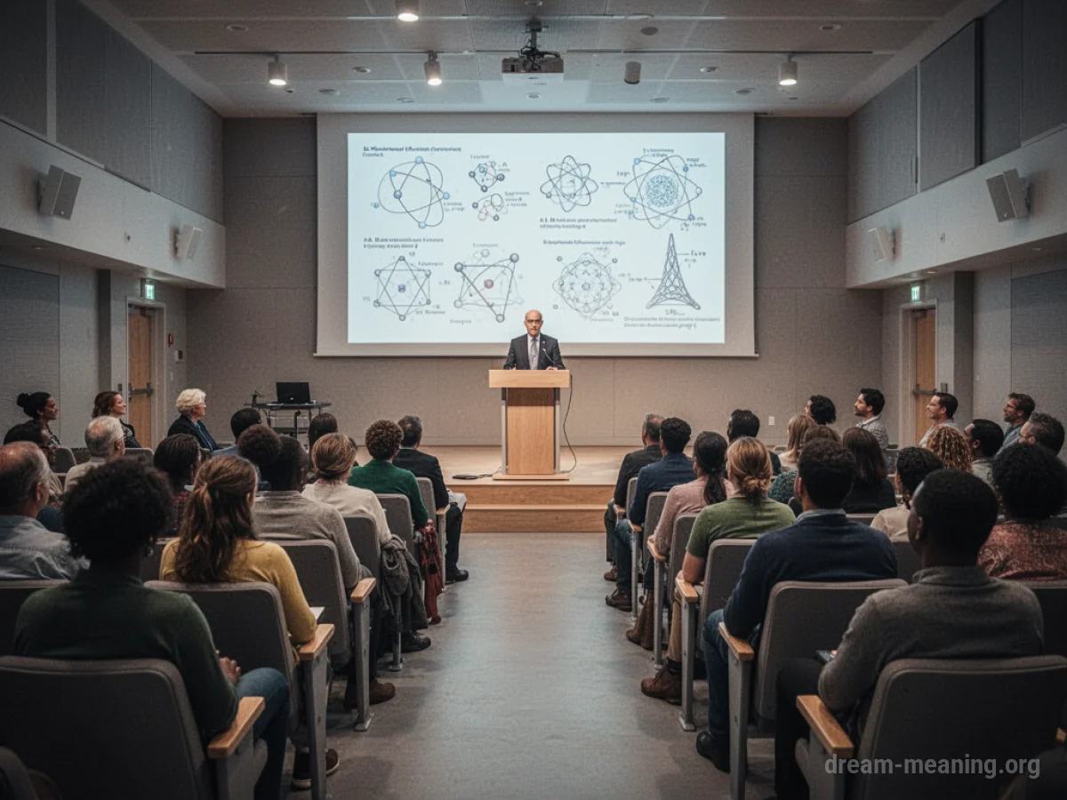 People gathered in a conference hall watching a presentation.