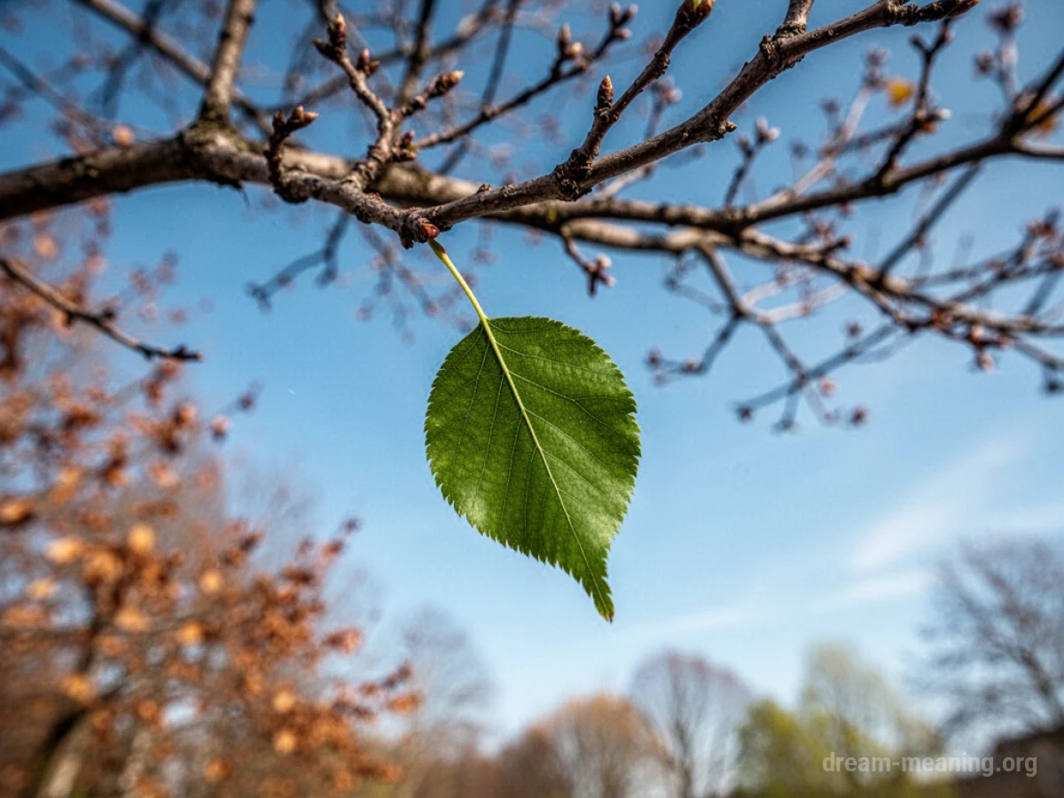 A single green leaf falls from a bare tree branch against a bright blue sky.