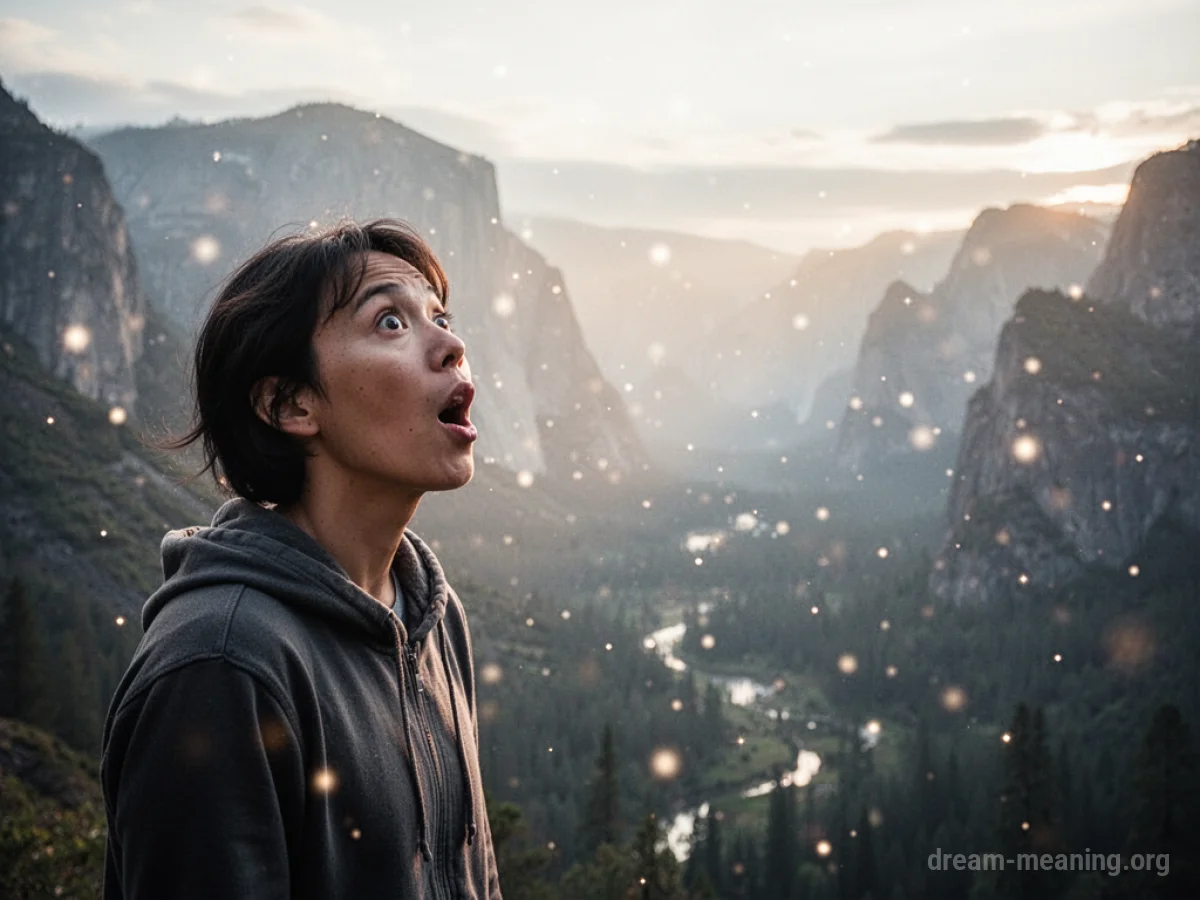 Person looking at a luminous, beautiful landscape with wide eyes.