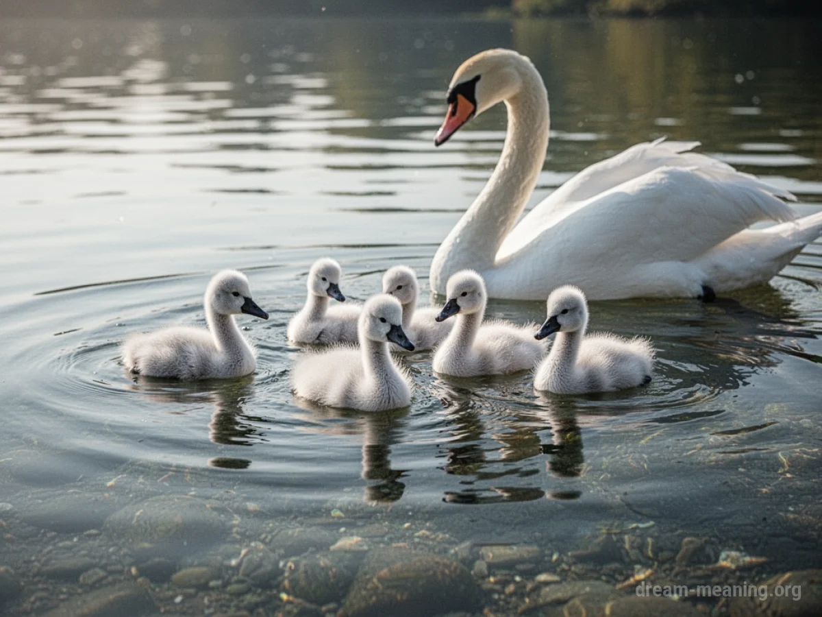 Several small, fluffy cygnets swimming on the water.