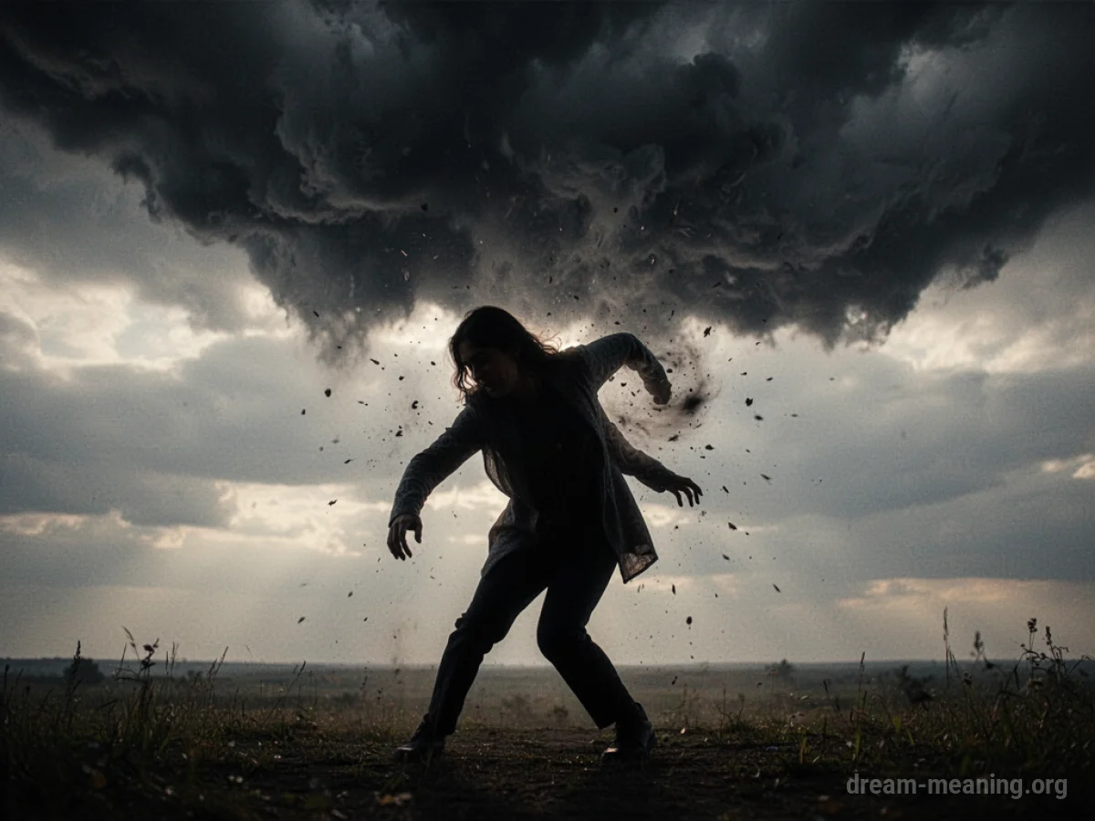 Silhouette of a person recoiling from a dark cloud.