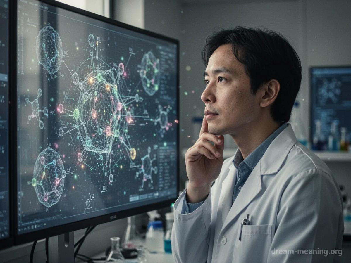 Person in a lab coat looking at a scientific diagram.