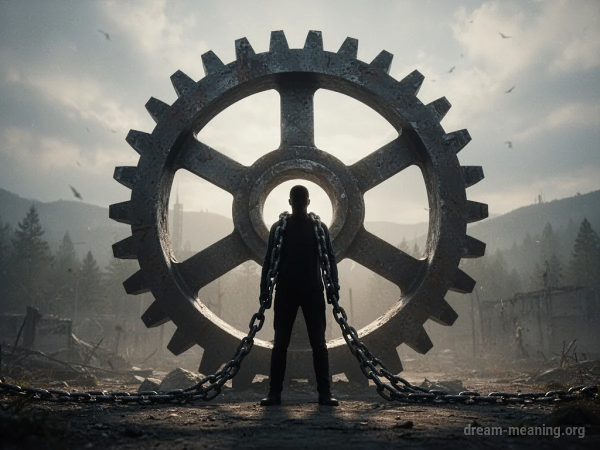 Silhouette of a person chained to a large, turning gear.