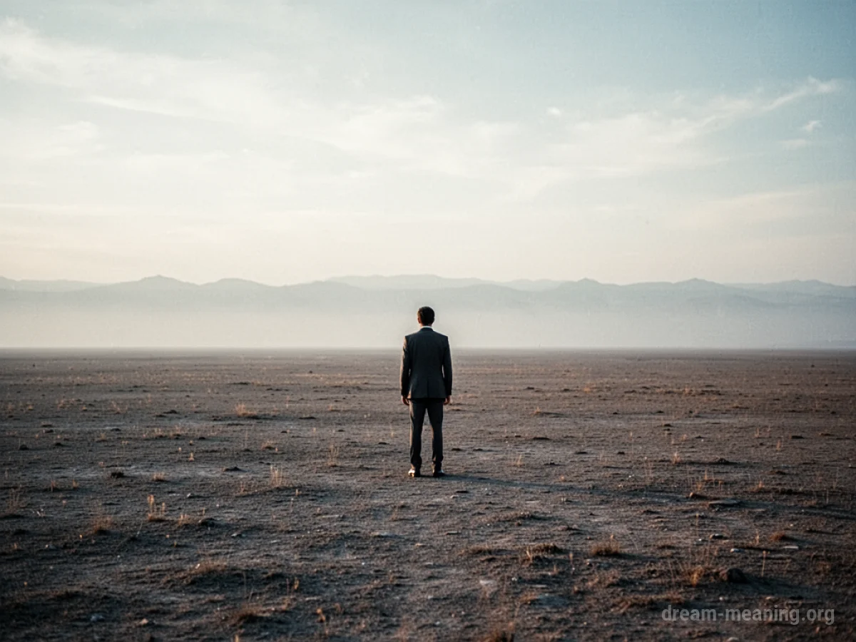A solitary person stands in a wide, empty landscape.