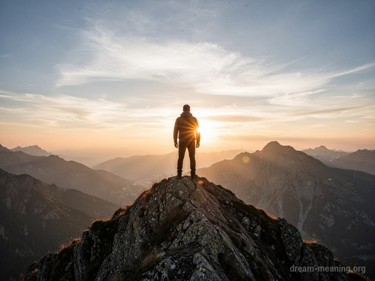 Silhouette of a person standing on a mountain summit.