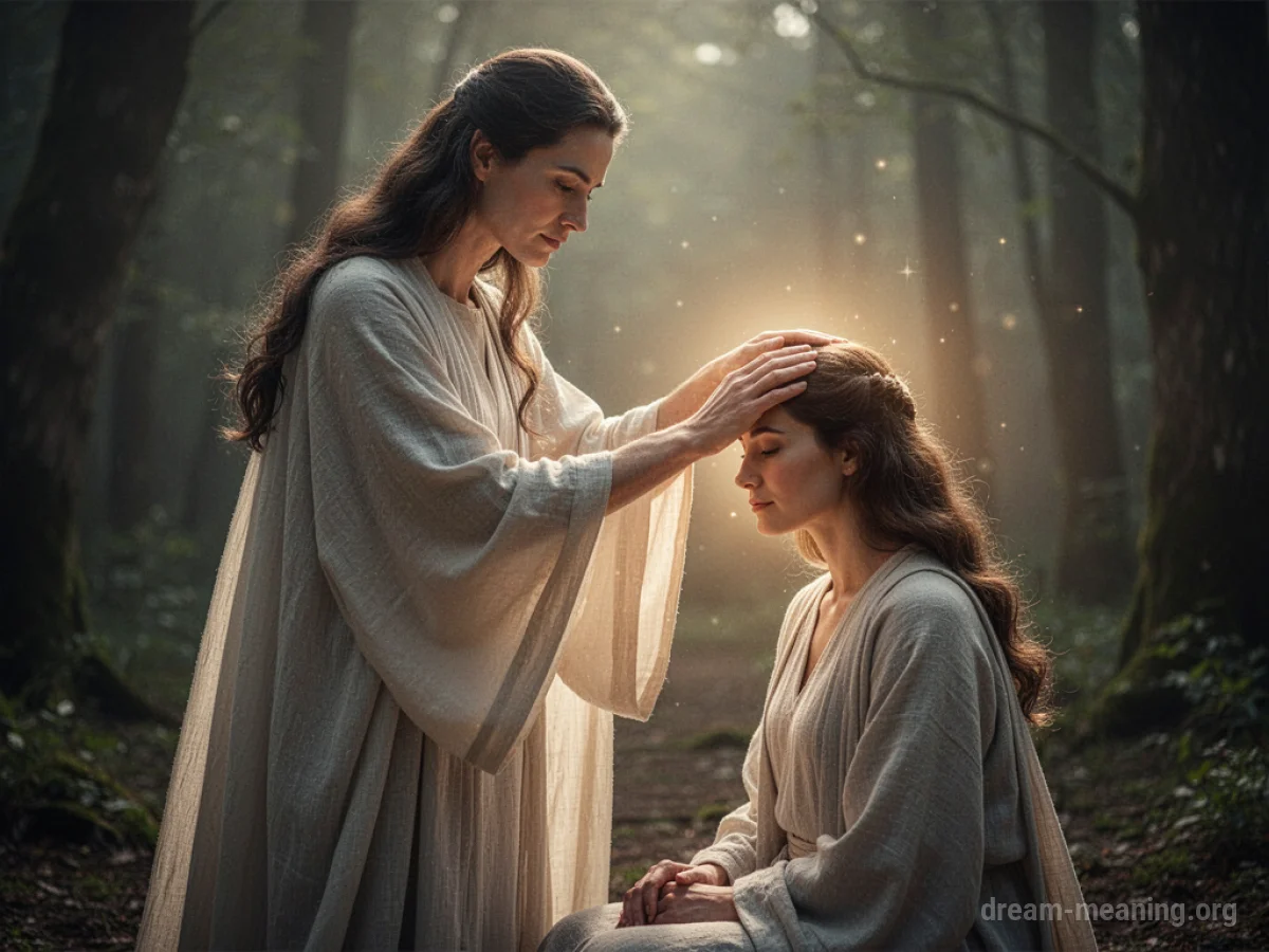 A spiritual figure bestowing a blessing upon another person.