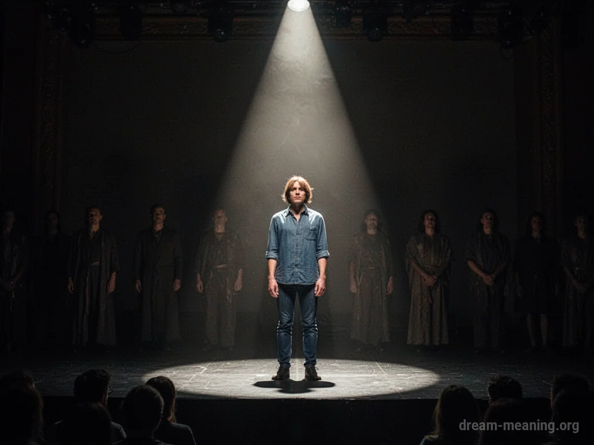 A person is highlighted by a spotlight on a stage, with blurred figures in the background.