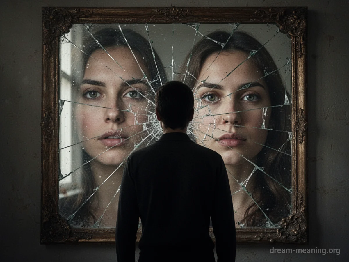 A silhouette stands before a broken mirror showing another face.