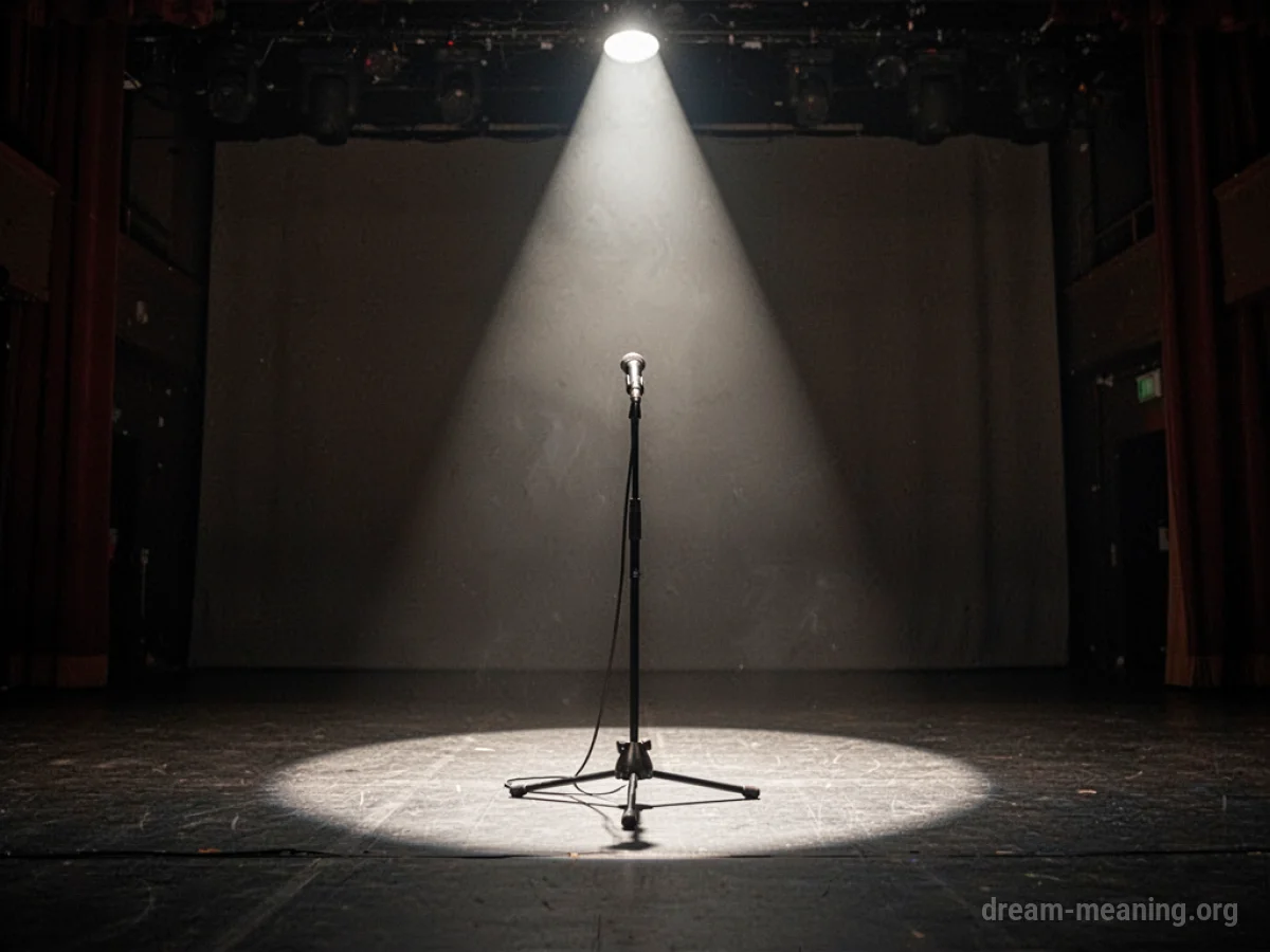 A spotlight illuminates an empty stage with a microphone.