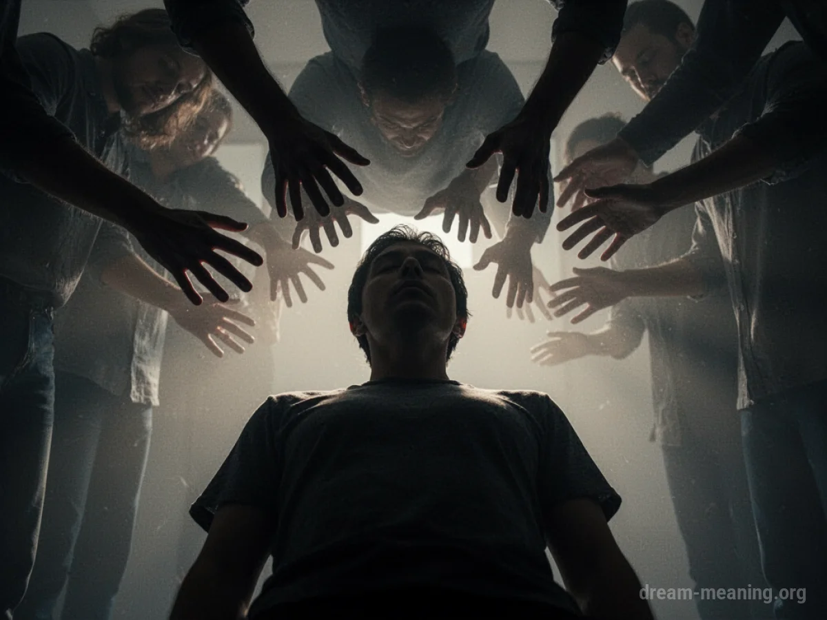Silhouette of a person being pressed down by dark, indistinct shapes.