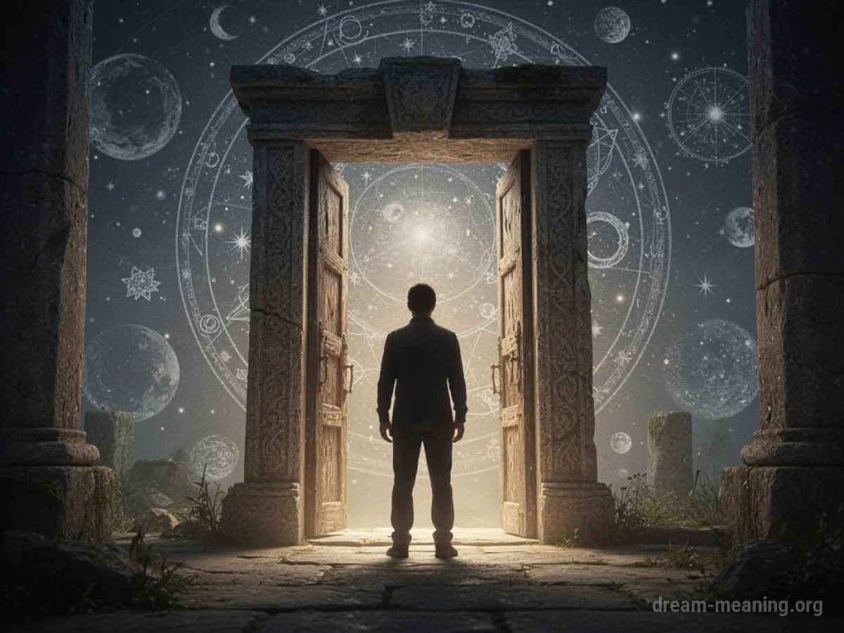 Silhouette figure facing an illuminated ancient doorway.