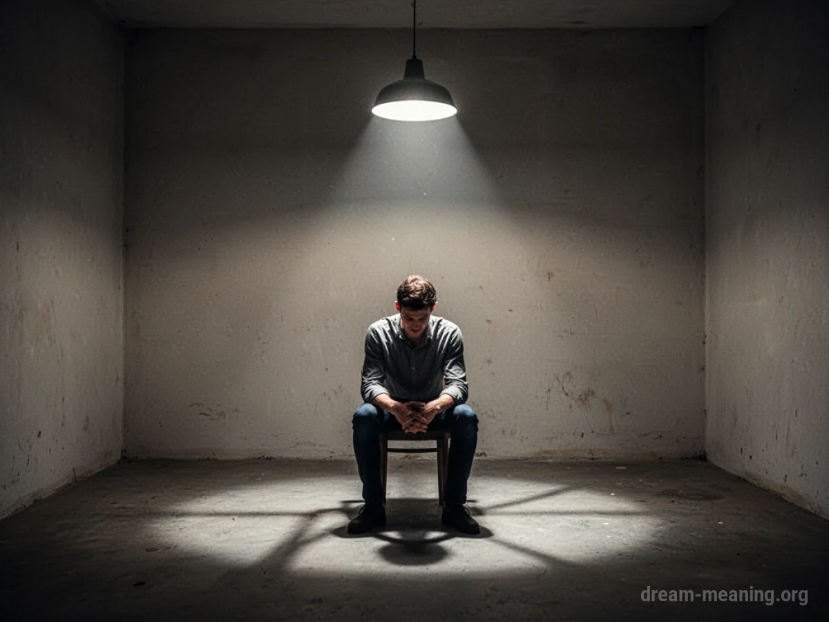 A solitary figure sits in a dimly lit, bare room.