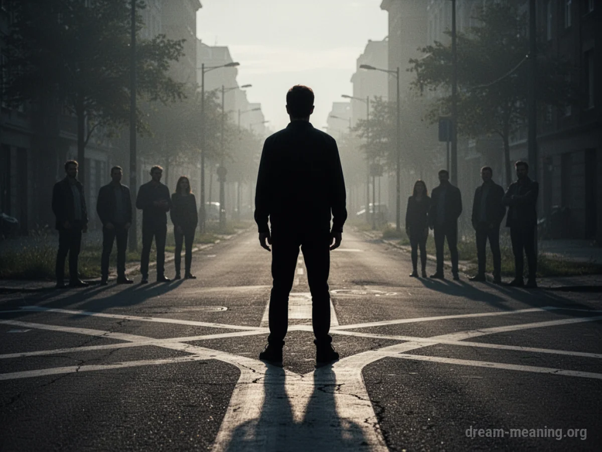 A person stands at a fork in the road, watched by indistinct figures.