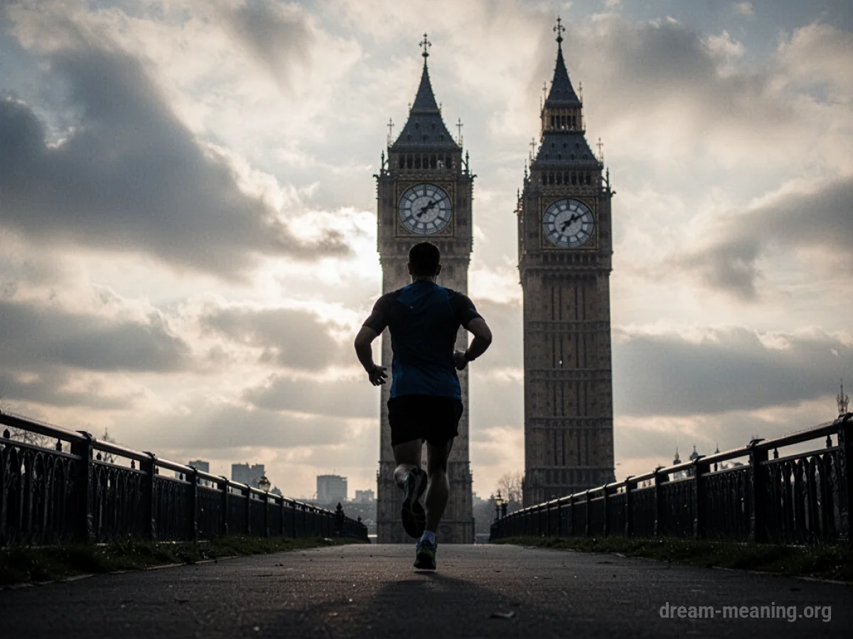 Silhouette of a person running towards a clock tower.