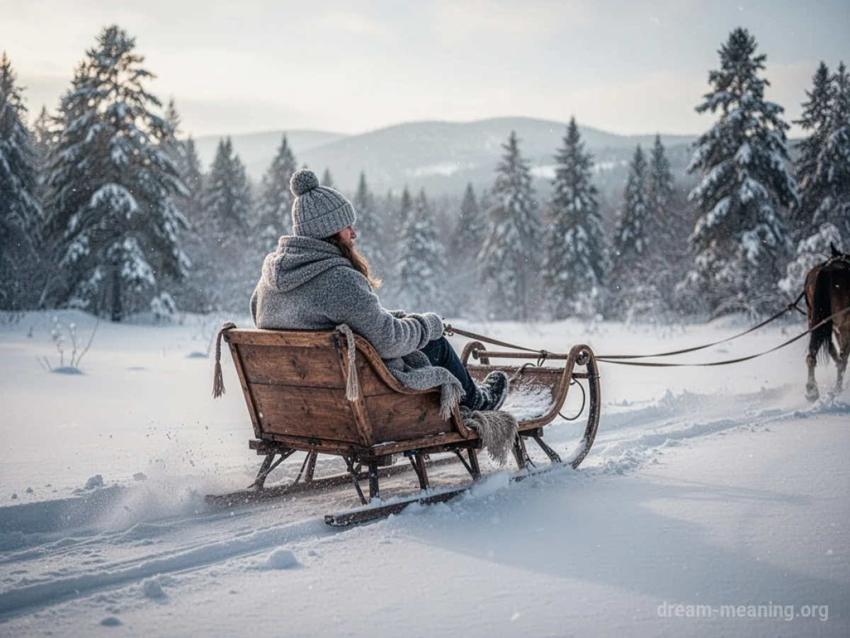 A person sits in a sleigh moving through a snowy landscape.
