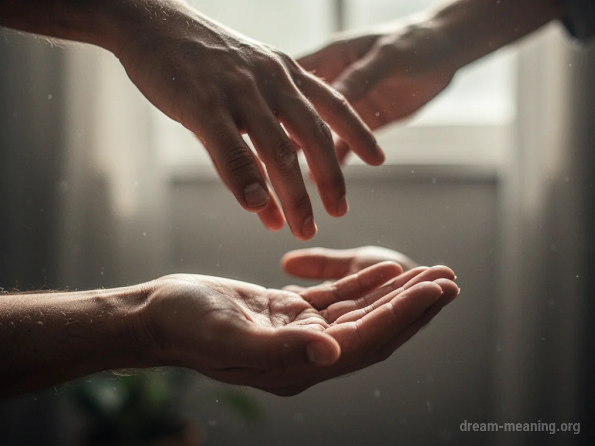 A hand reaching down from a bright light towards a hand reaching up.