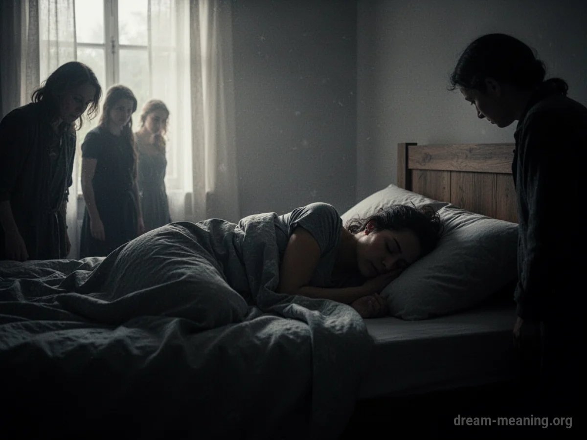 Silhouette of a person sleeping, with indistinct shadows in the background.