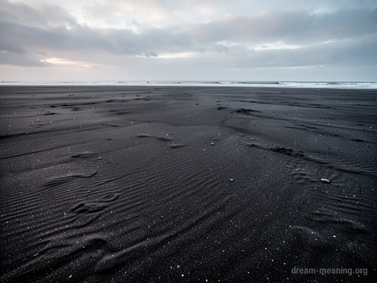 A wide view of black sand stretching out under a dull sky.