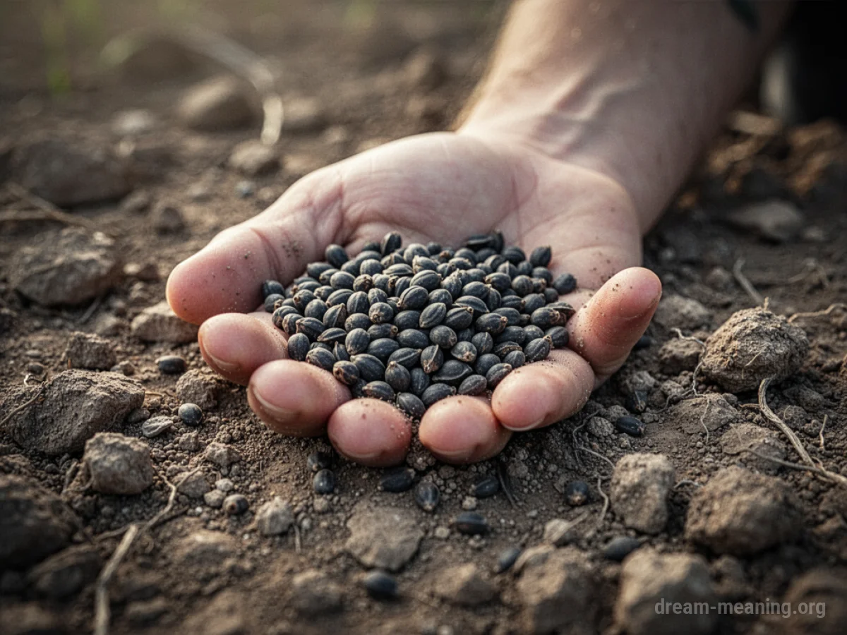 A collection of small, dark seeds on dry soil.
