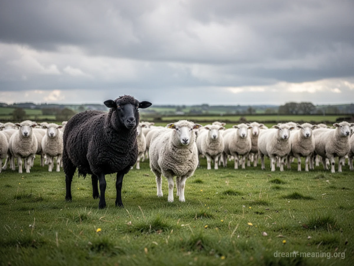 A solitary black sheep separated from a group of white sheep on a grassy field.