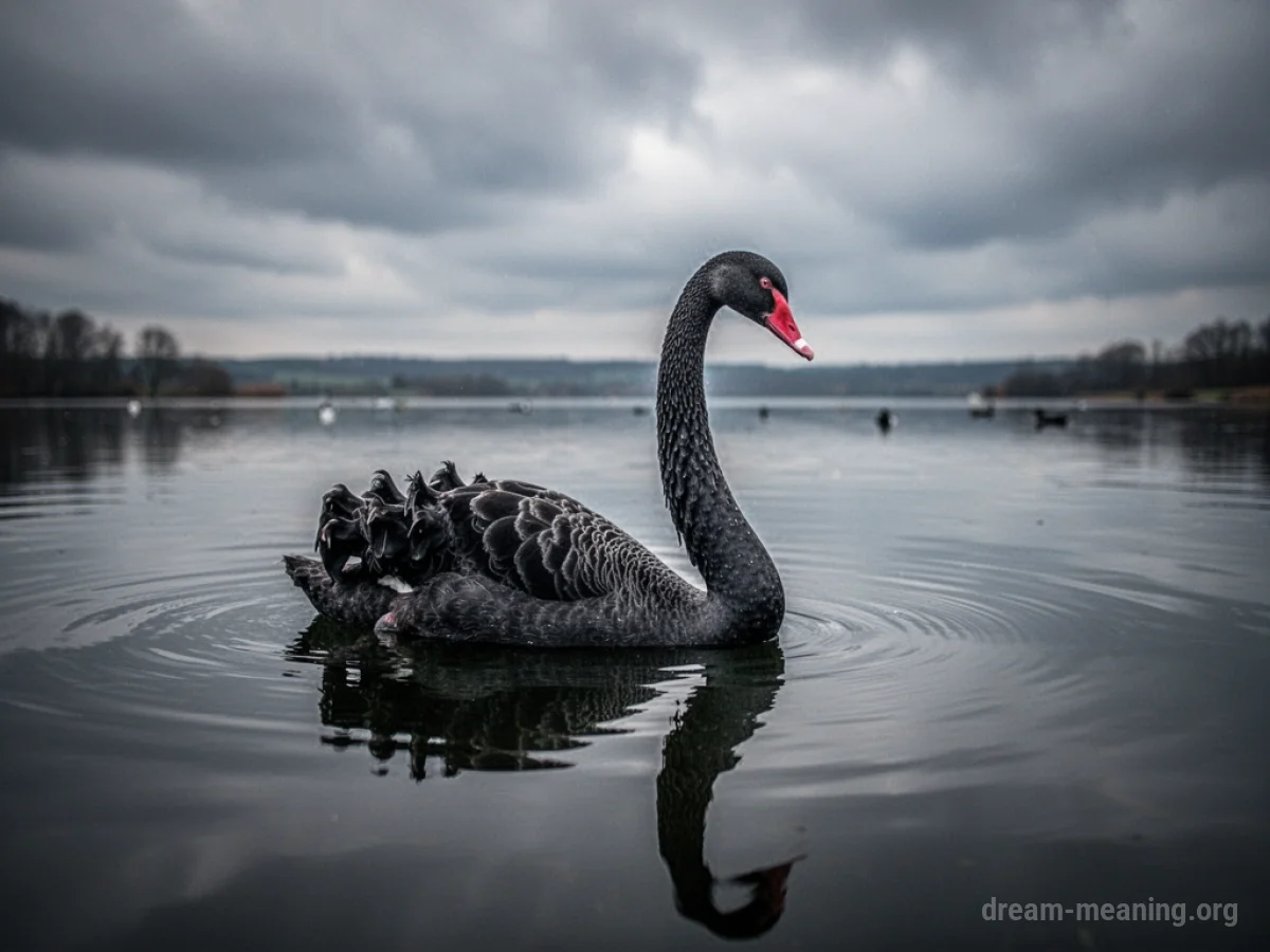 A solitary black swan on water.