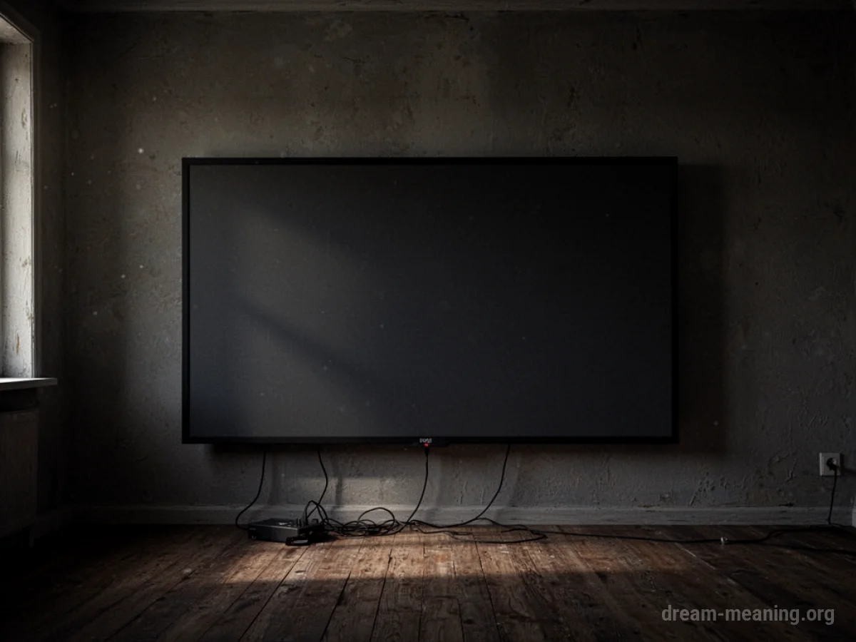 An unlit screen in a dark room.